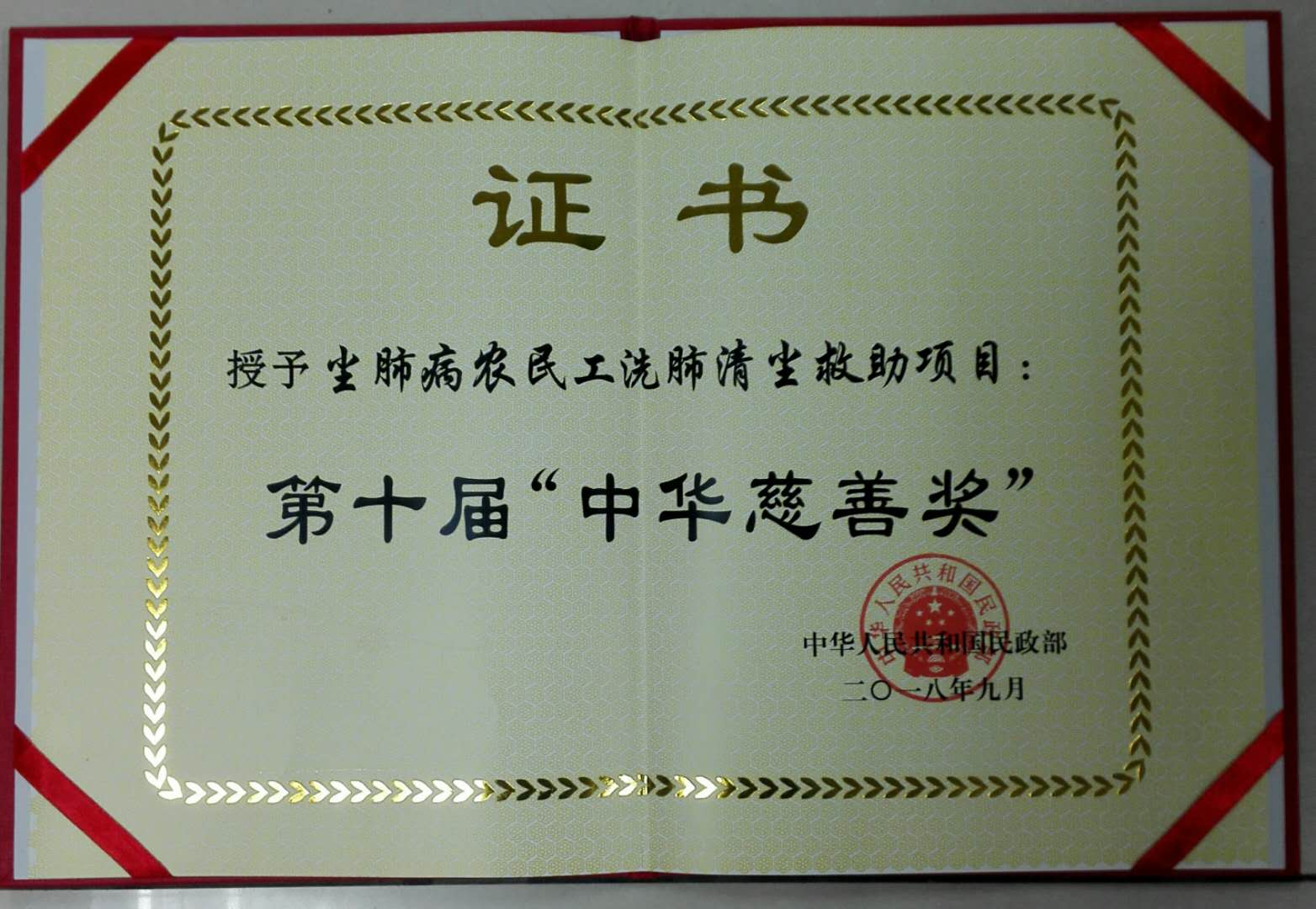 尘肺病农民工洗肺清尘救助项目荣获第十届中华慈善奖